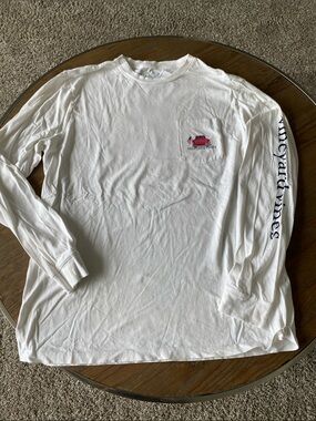 Vineyard Vines White Long-Sleeve Pocket Tee with Navy Sleeve Logo